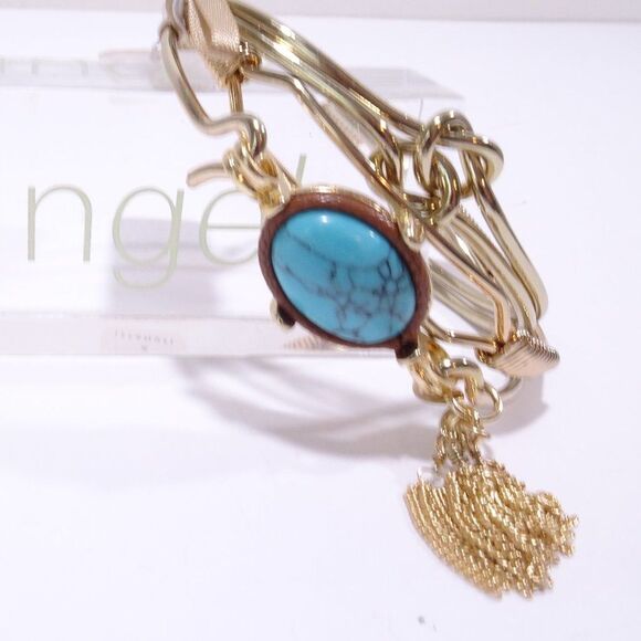 Revolve NWT Roxanne Assoulin Gold Bracelet Tassel and Turq Stone Bangle Set 3 - Picture 6 of 16